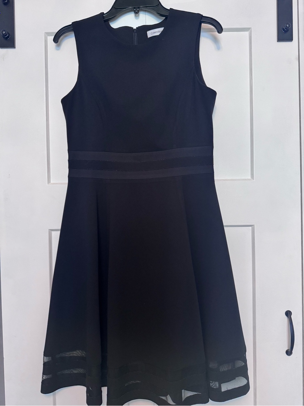 Calvin Klein Women’s Black Sleeveless Fit-and-Flare Dress with Hem Stripe Detail